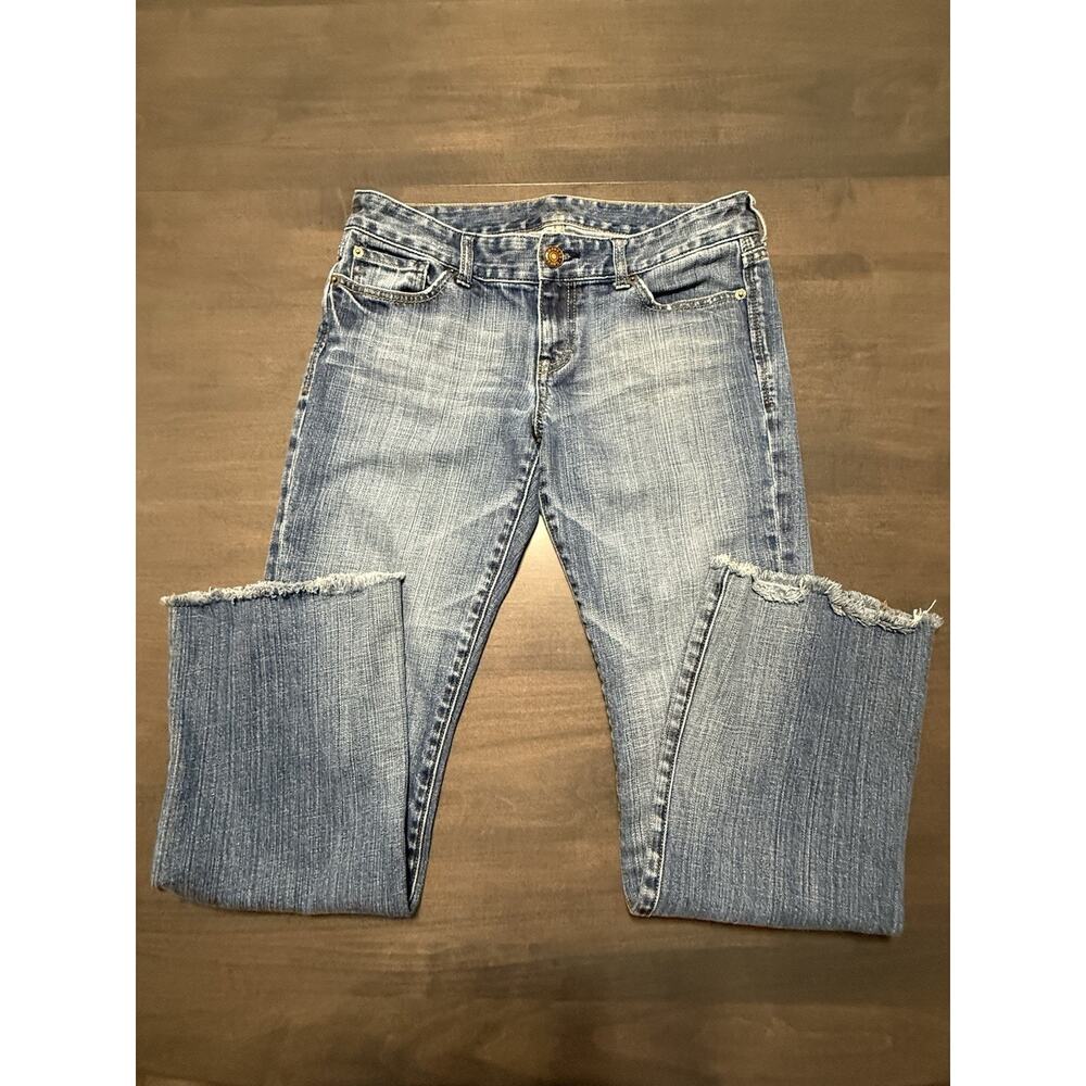 Express Jeans Med Rise Bootcut Denim Frayed Cuffs Women’s Size 32W/28L